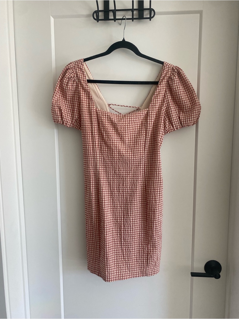 Lush Gingham Puff-Sleeve Mini Dress in Rust Pink